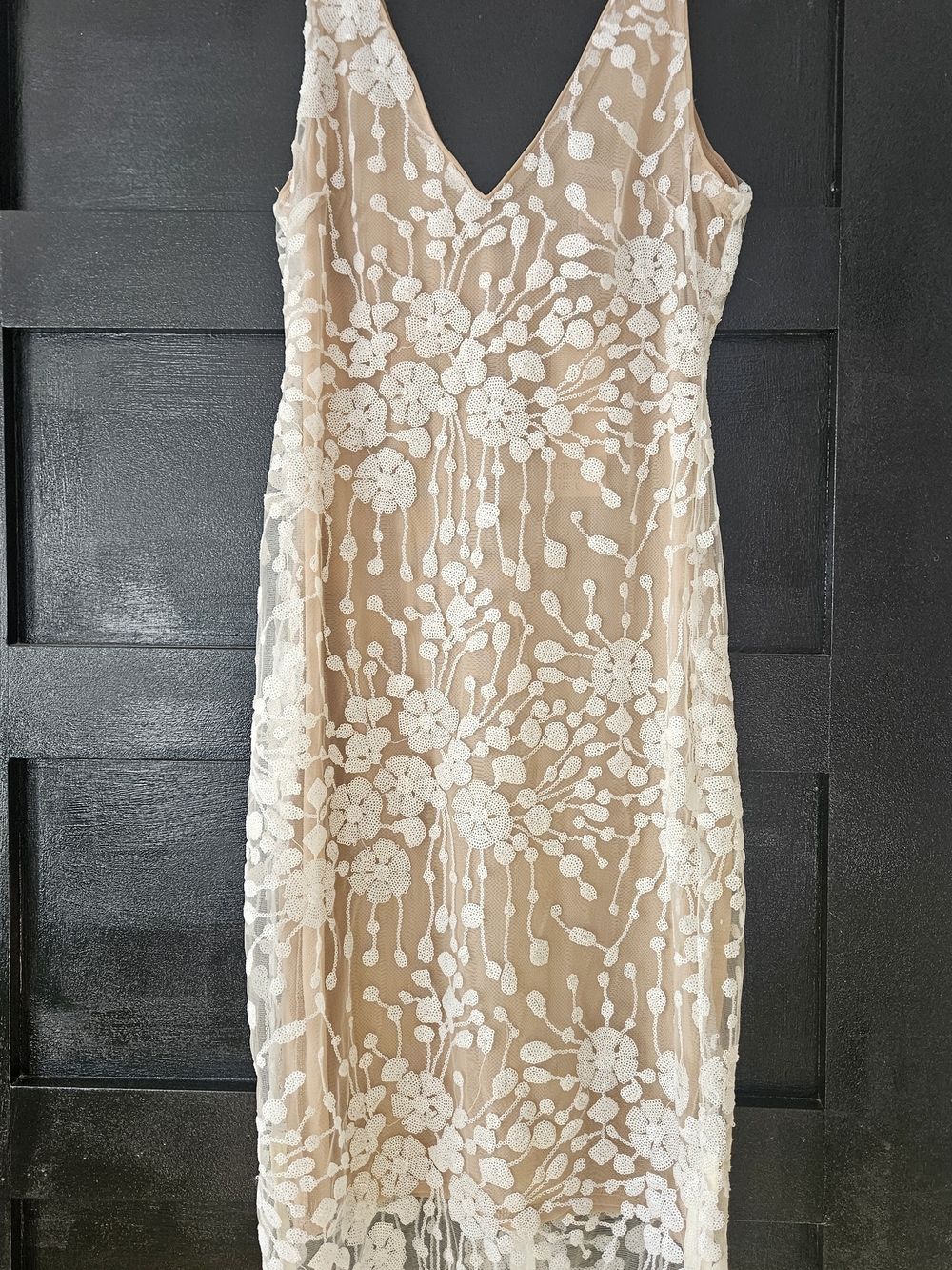 Dance & Marvel Nude Midi Dress with White Floral Lace Overlay
